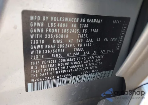 2012 Volkswagen Tiguan Se из США, поврежденный, VIN WVGAV7AX4CW528633